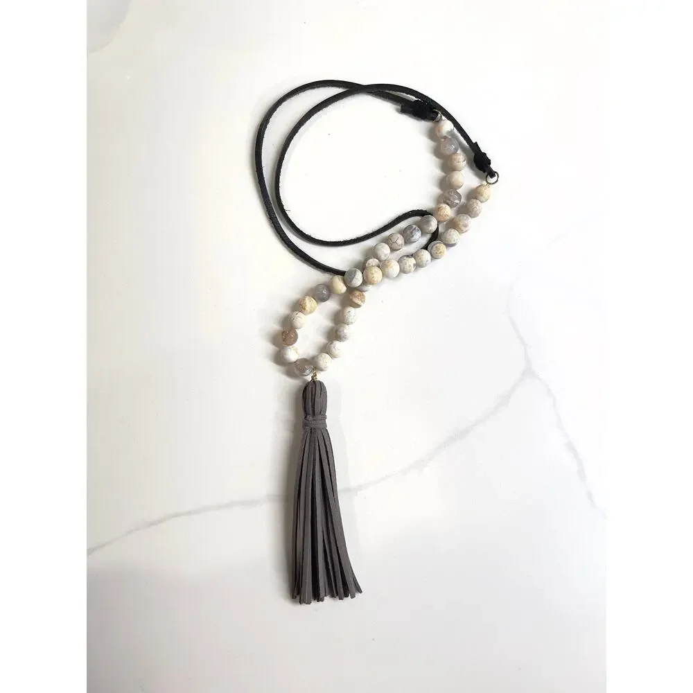 Beaded / Leather Long Boho Necklace Leather Tassel Western cowgirl chic